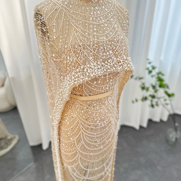 Luxury Beige Crystal Tassel Beaded Pearls Evening Dress LA73624 main image 1